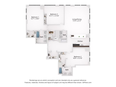 Floor plan for 3 beds, 3 baths, 1920 sqft